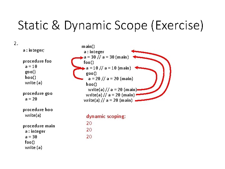 Static & Dynamic Scope (Exercise) 2. a : integer; procedure foo a = 10