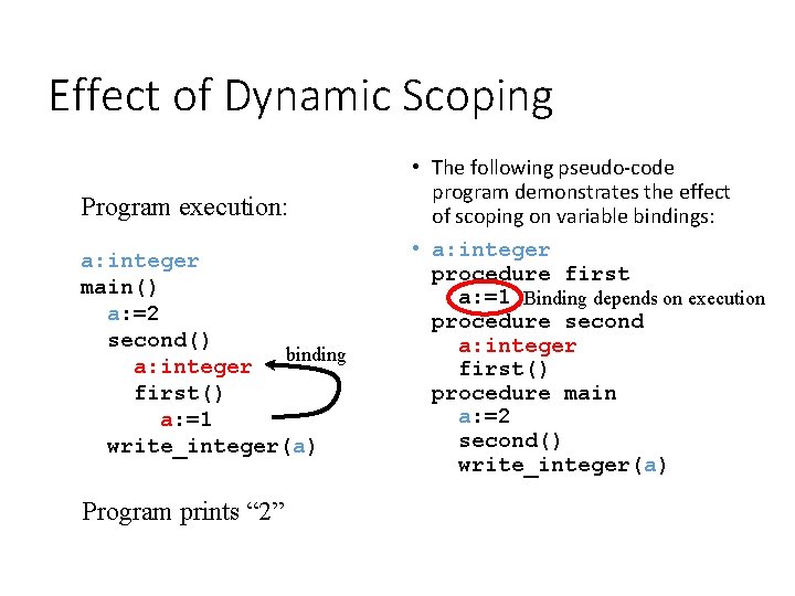Effect of Dynamic Scoping Program execution: a: integer main() a: =2 second() binding a: