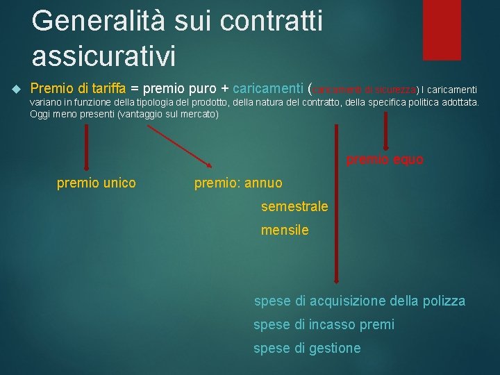 Generalità sui contratti assicurativi Premio di tariffa = premio puro + caricamenti (caricamenti di
