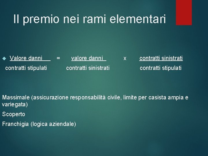 Il premio nei rami elementari Valore danni contratti stipulati = valore danni contratti sinistrati