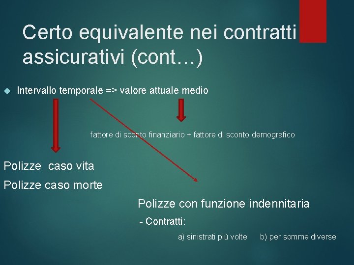 Certo equivalente nei contratti assicurativi (cont…) Intervallo temporale => valore attuale medio fattore di