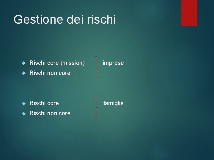 Gestione dei rischi Rischi core (mission) Rischi non core imprese famiglie 
