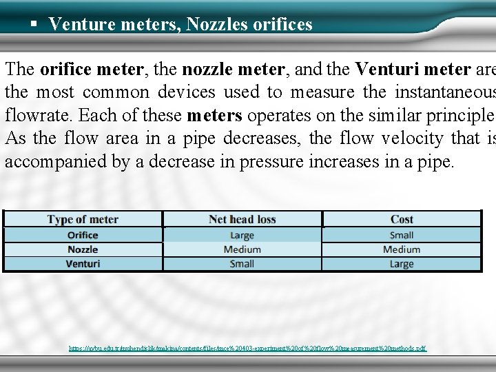 § Venture meters, Nozzles orifices The orifice meter, the nozzle meter, and the Venturi § Venture meters, Nozzles orifices The orifice meter, the nozzle meter, and the Venturi