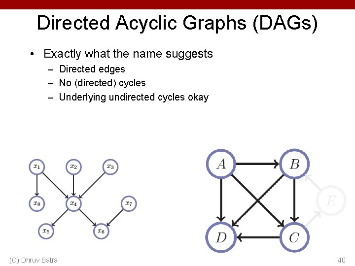 Directed Acyclic Graphs (DAGs) • Exactly what the name suggests – Directed edges –