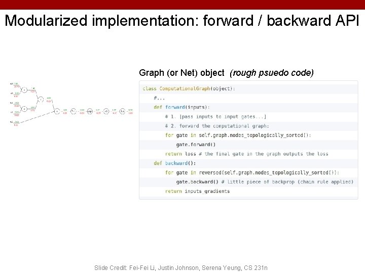 Modularized implementation: forward / backward API Graph (or Net) object (rough psuedo code) 72