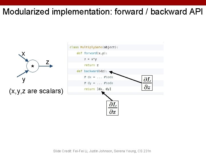 Modularized implementation: forward / backward API x * z y (x, y, z are