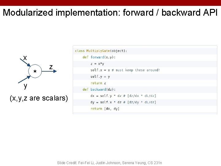 Modularized implementation: forward / backward API x * z y (x, y, z are