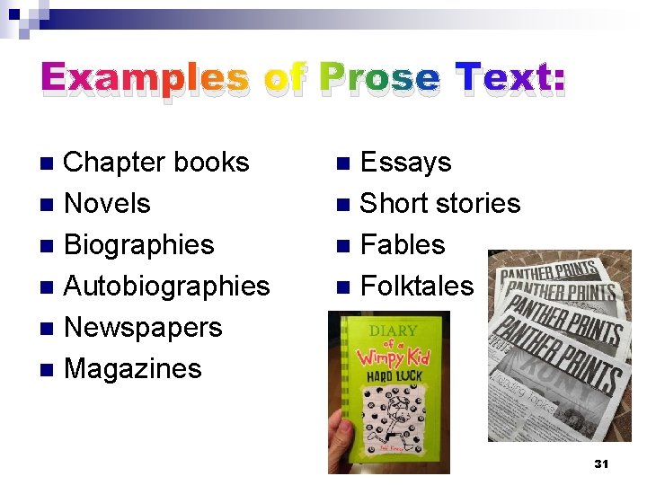 Examples of Prose Text: Chapter books n Novels n Biographies n Autobiographies n Newspapers