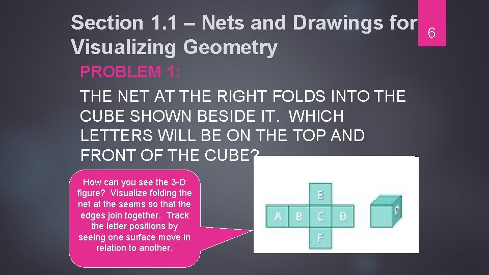 Section 1. 1 – Nets and Drawings for Visualizing Geometry PROBLEM 1: THE NET Section 1. 1 – Nets and Drawings for Visualizing Geometry PROBLEM 1: THE NET