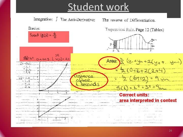 Student work Correct units: area interpreted in context 24 