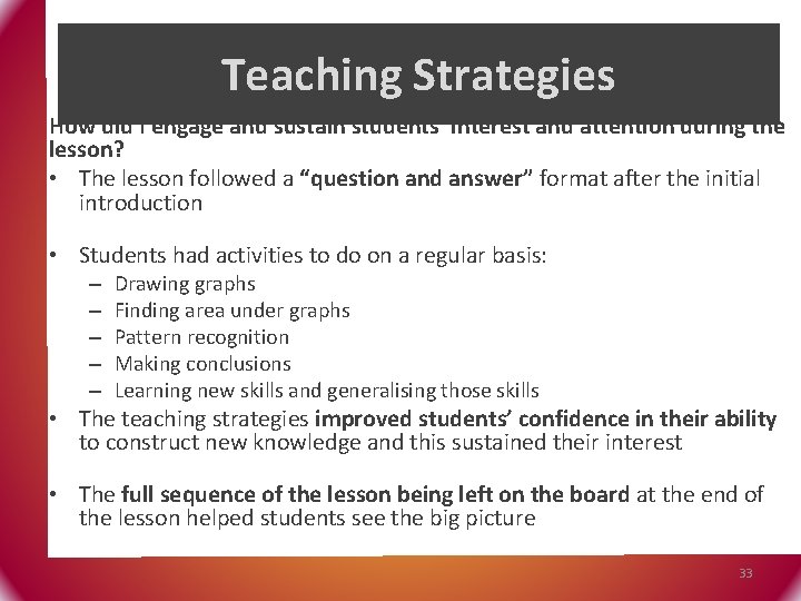 Teaching Strategies How did I engage and sustain students’ interest and attention during the