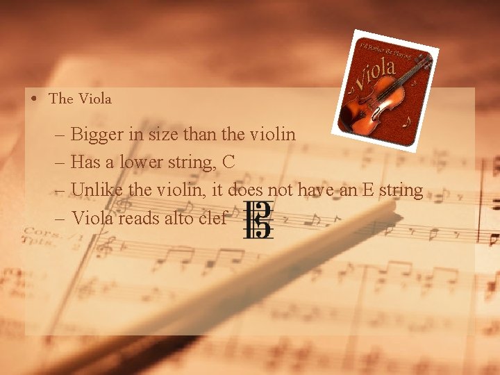  • The Viola – Bigger in size than the violin – Has a