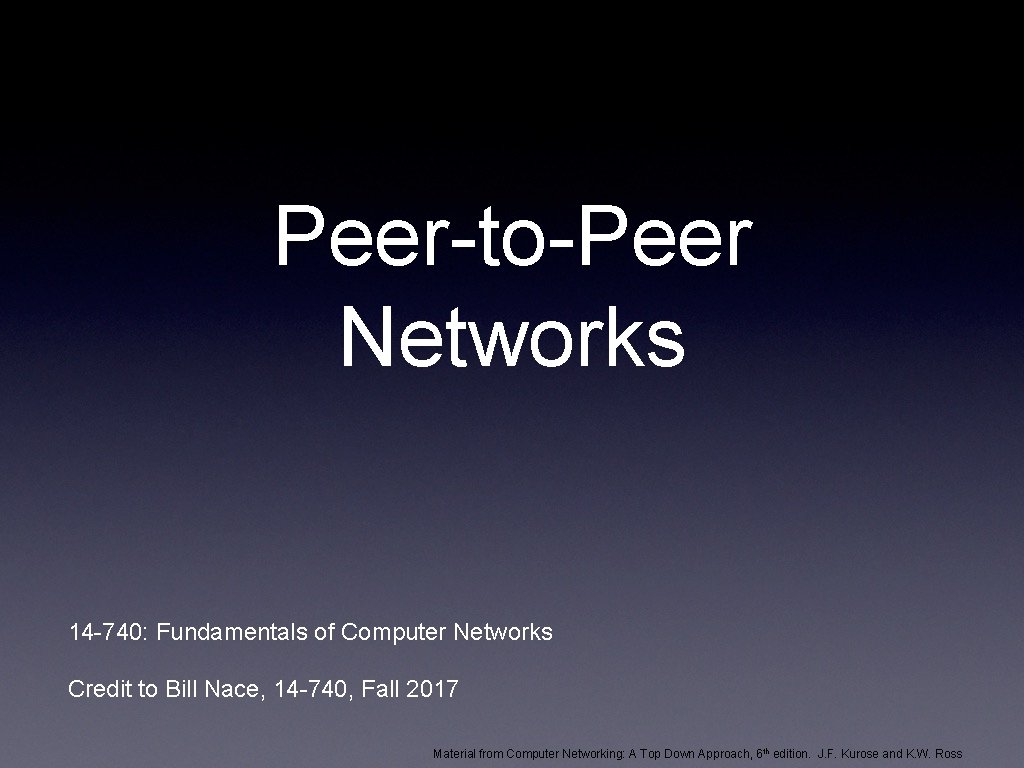 Peer-to-Peer Networks 14 -740: Fundamentals of Computer Networks Credit to Bill Nace, 14 -740,