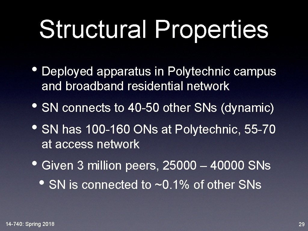 Structural Properties • Deployed apparatus in Polytechnic campus and broadband residential network • SN