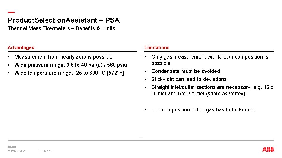 — Product. Selection. Assistant – PSA Thermal Mass Flowmeters – Benefits & Limits Advantages