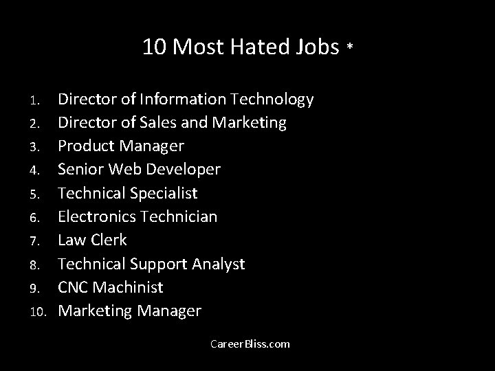 10 Most Hated Jobs * 1. 2. 3. 4. 5. 6. 7. 8. 9. 10 Most Hated Jobs * 1. 2. 3. 4. 5. 6. 7. 8. 9.