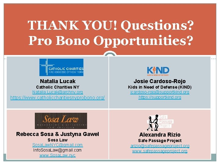 THANK YOU! Questions? Pro Bono Opportunities? Natalia Lucak Josie Cardoso-Rojo Catholic Charities NY Natalia.