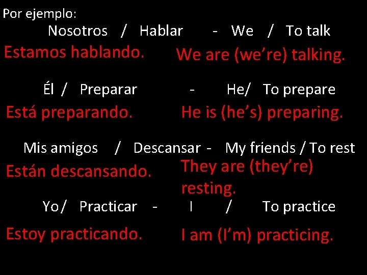 Por ejemplo: Nosotros / Hablar Estamos hablando. Él / Preparar Está preparando. Mis amigos