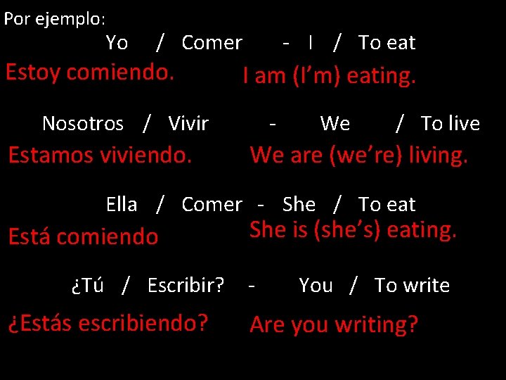 Por ejemplo: Yo / Comer Estoy comiendo. - I / To eat I am