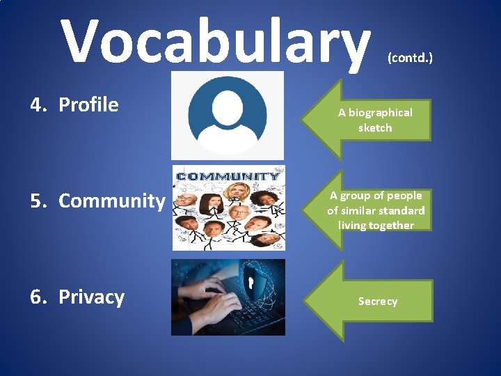 Vocabulary 4. Profile 5. Community 6. Privacy (contd. ) A biographical sketch A group