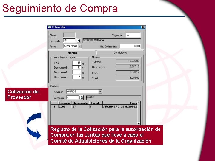 Seguimiento de Compra Cotización del Proveedor Registro de la Cotización para la autorización de