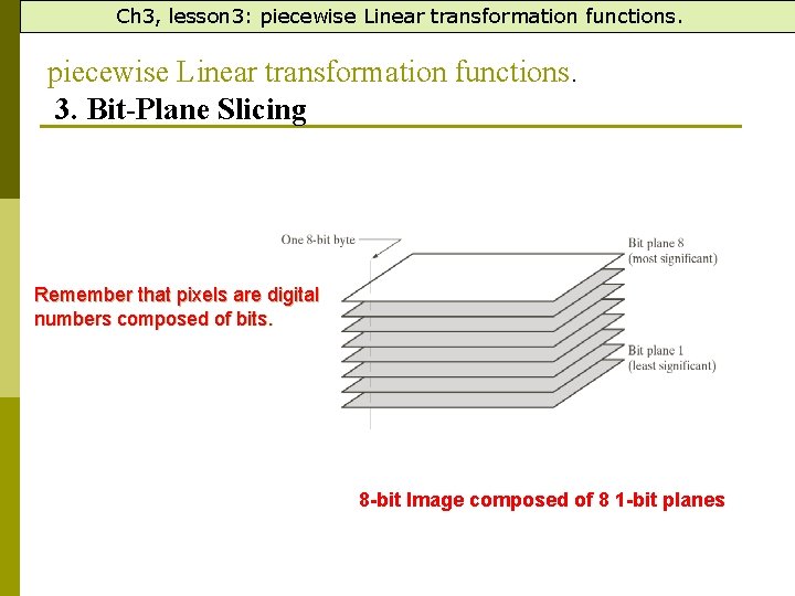 Ch 3, lesson 3: piecewise Linear transformation functions. 3. Bit-Plane Slicing Remember that pixels