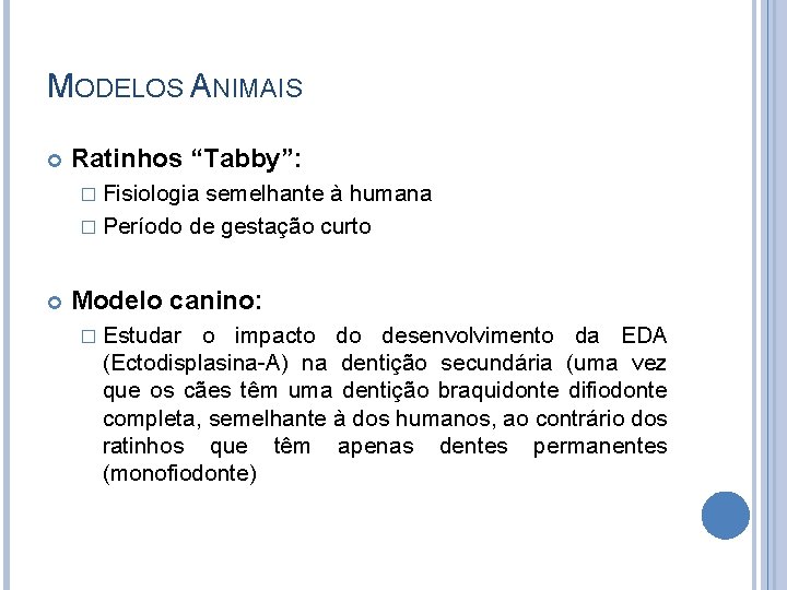 MODELOS ANIMAIS Ratinhos “Tabby”: � Fisiologia semelhante à humana � Período de gestação curto