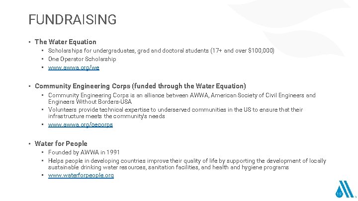 FUNDRAISING • The Water Equation • Scholarships for undergraduates, grad and doctoral students (17+
