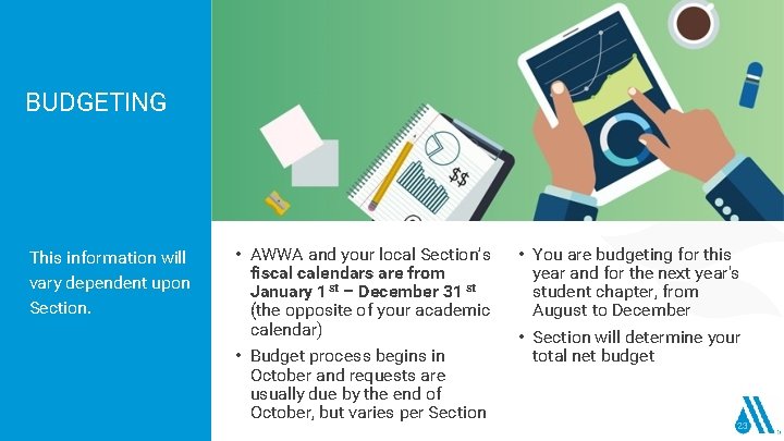 BUDGETING This information will vary dependent upon Section. • AWWA and your local Section’s