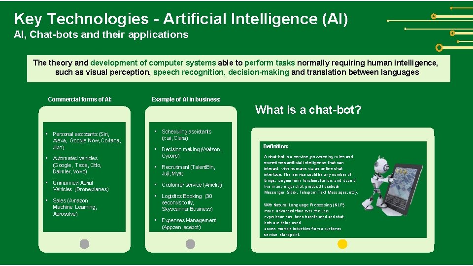 Key Technologies - Artificial Intelligence (AI) AI, Chat-bots and their applications The theory and