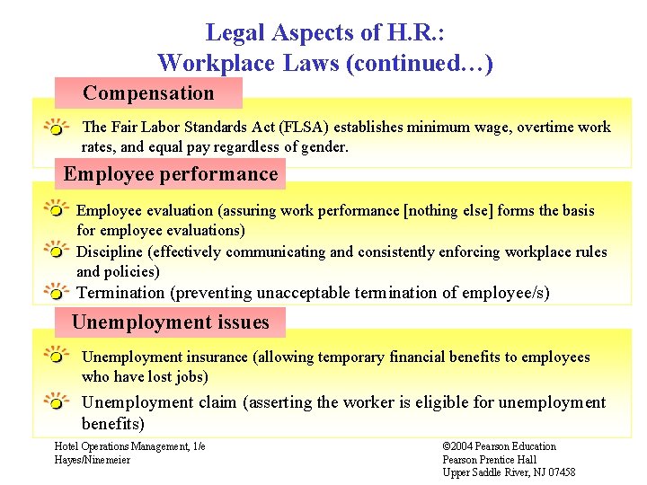 Legal Aspects of H. R. : Workplace Laws (continued…) Compensation The Fair Labor Standards
