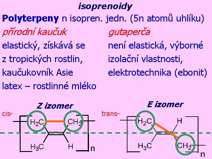 isoprenoidy Polyterpeny n isopren. jedn. (5 n atomů uhlíku) přírodní kaučuk gutaperča elastický, získává