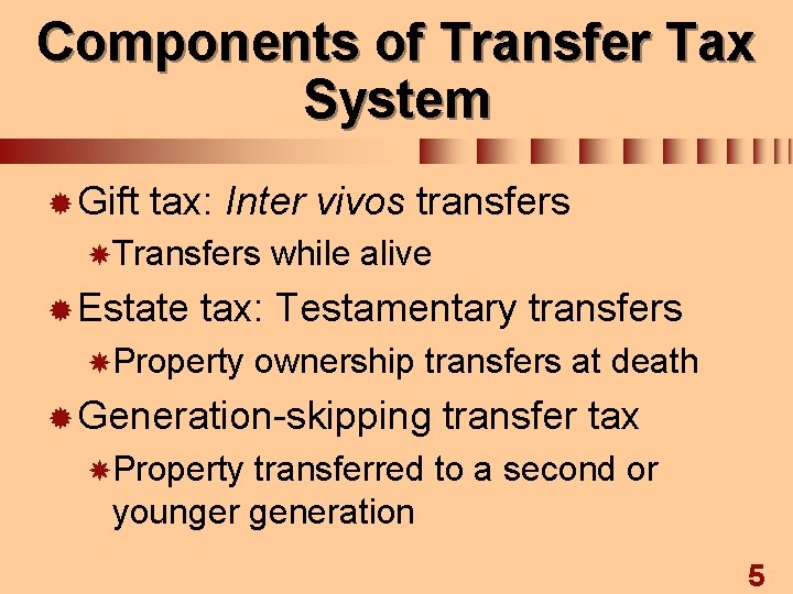 Components of Transfer Tax System ® Gift tax: Inter vivos transfers Transfers ® Estate