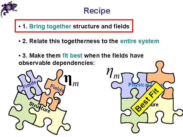 Recipe • 1. Bring together structure and fields • 2. Relate this togetherness to
