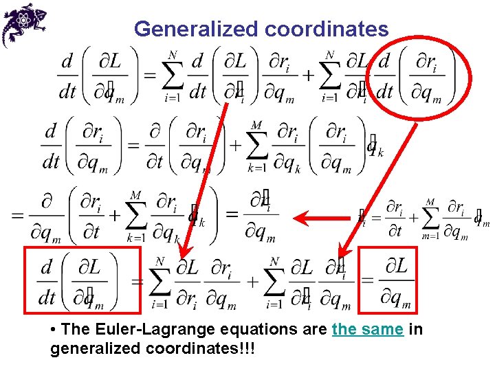 Generalized coordinates • The Euler-Lagrange equations are the same in generalized coordinates!!! 