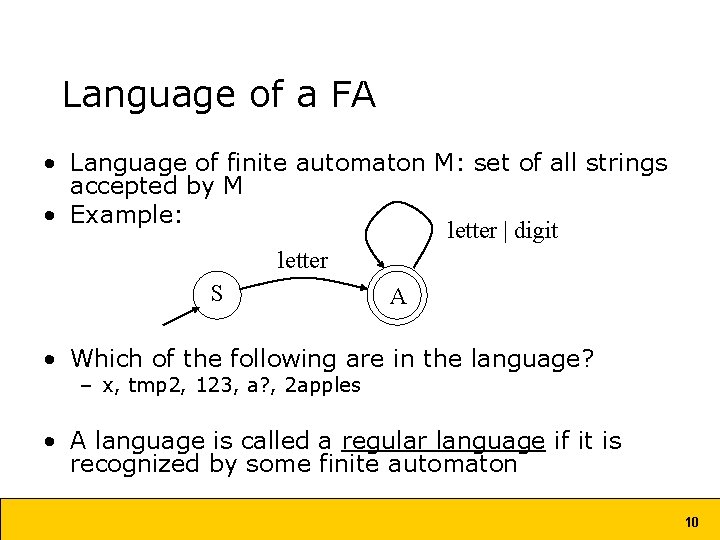 Language of a FA • Language of finite automaton M: set of all strings