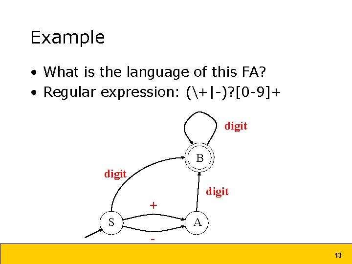 Example • What is the language of this FA? • Regular expression: (+|-)? [0