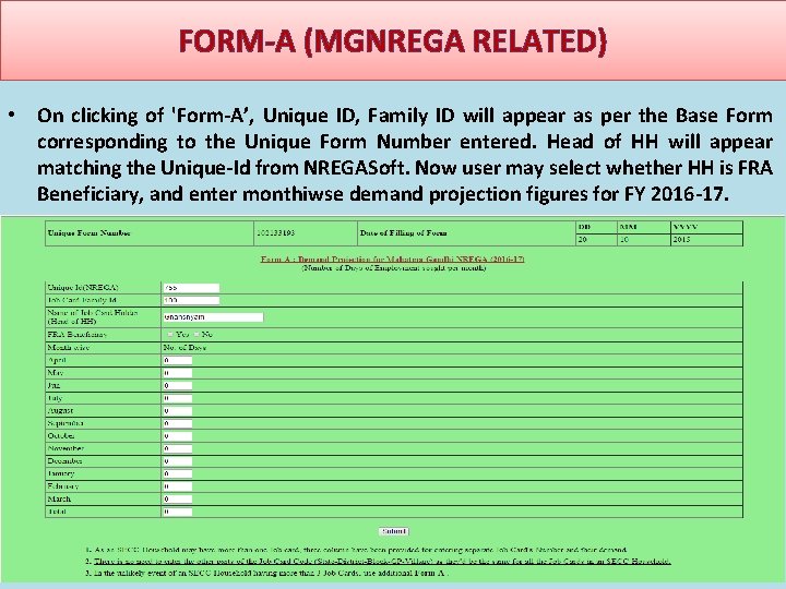 FORM-A (MGNREGA RELATED) • On clicking of 'Form-A’, Unique ID, Family ID will appear