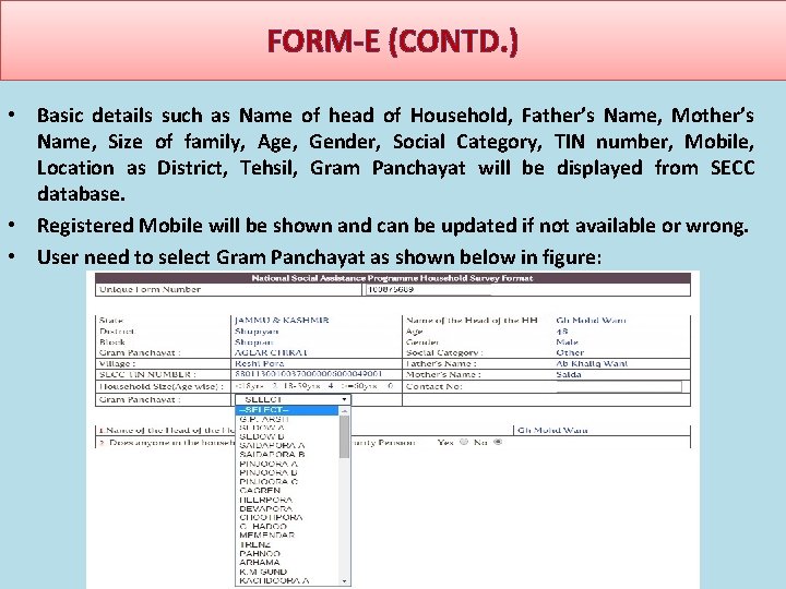 FORM-E (CONTD. ) • Basic details such as Name of head of Household, Father’s
