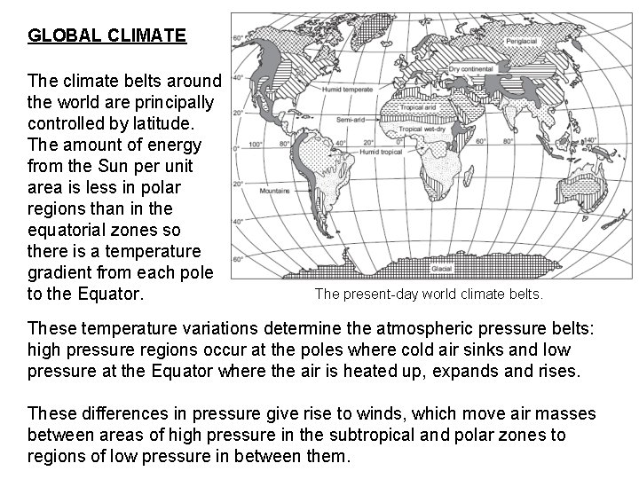 GLOBAL CLIMATE The climate belts around the world are principally controlled by latitude. The
