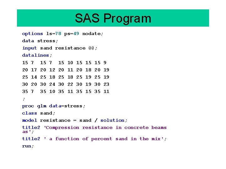 SAS Program options ls=78 ps=49 nodate; data stress; input sand resistance @@; datalines; 15