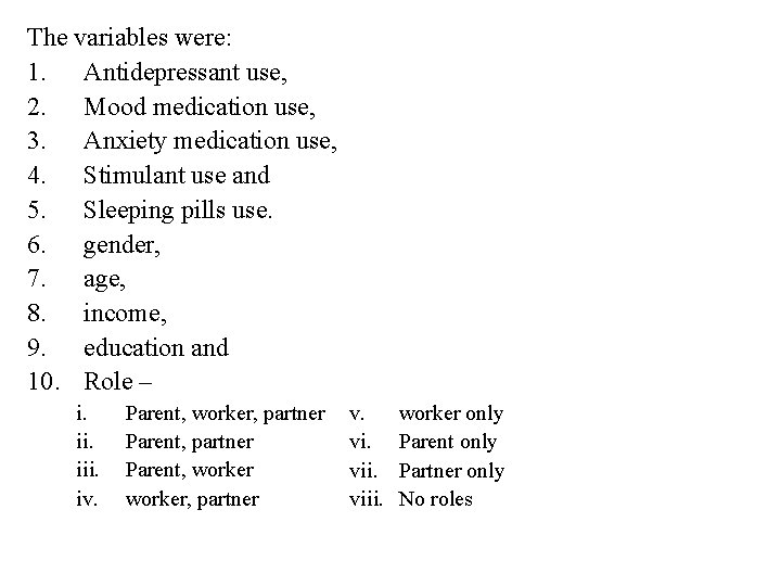 The variables were: 1. Antidepressant use, 2. Mood medication use, 3. Anxiety medication use,