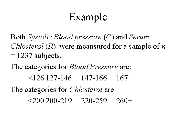 Example Both Systolic Blood pressure (C) and Serum Chlosterol (R) were meansured for a