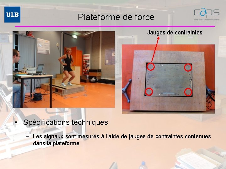 Plateforme de force Jauges de contraintes • Spécifications techniques – Les signaux sont mesurés