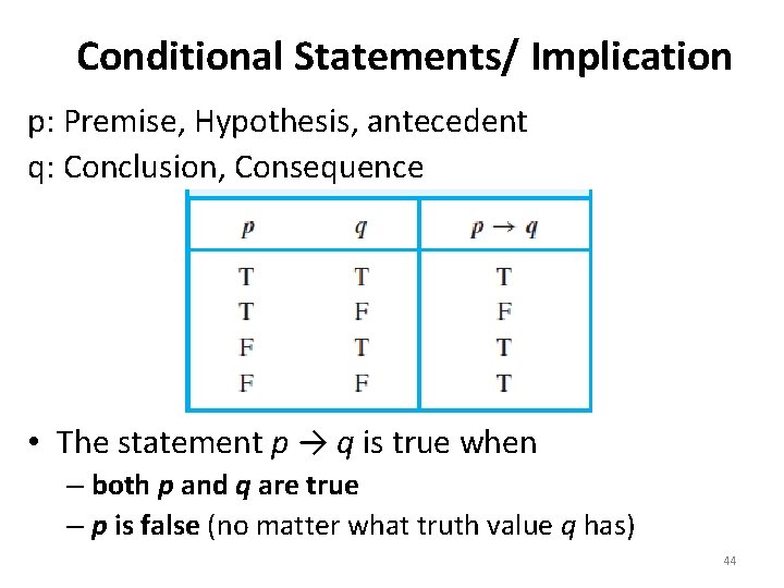 Conditional Statements/ Implication p: Premise, Hypothesis, antecedent q: Conclusion, Consequence • The statement p