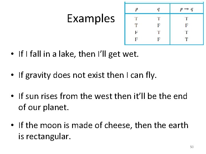 Examples • If I fall in a lake, then I’ll get wet. • If