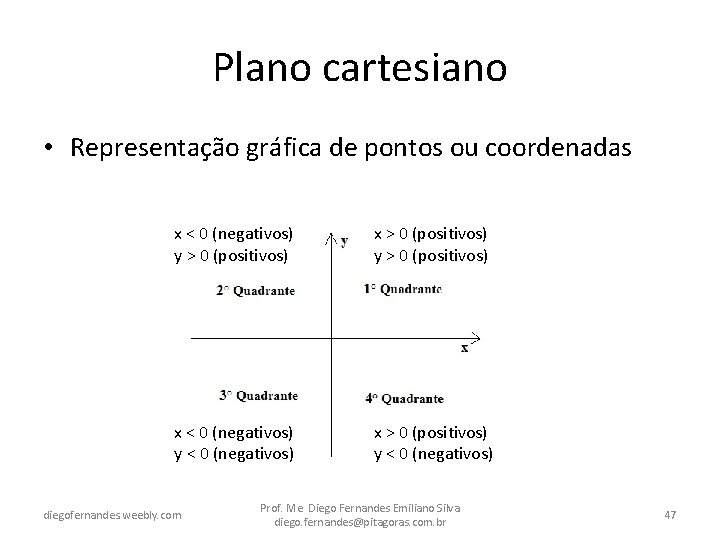 Plano cartesiano • Representação gráfica de pontos ou coordenadas x < 0 (negativos) y