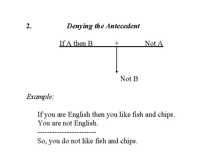 2. Denying the Antecedent If A then B + Not A Not B Example: