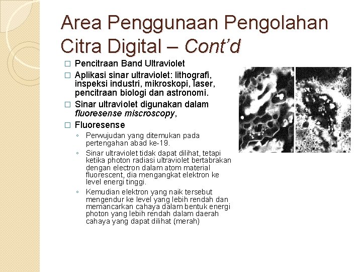 Area Penggunaan Pengolahan Citra Digital – Cont’d Pencitraan Band Ultraviolet � Aplikasi sinar ultraviolet: Area Penggunaan Pengolahan Citra Digital – Cont’d Pencitraan Band Ultraviolet � Aplikasi sinar ultraviolet:
