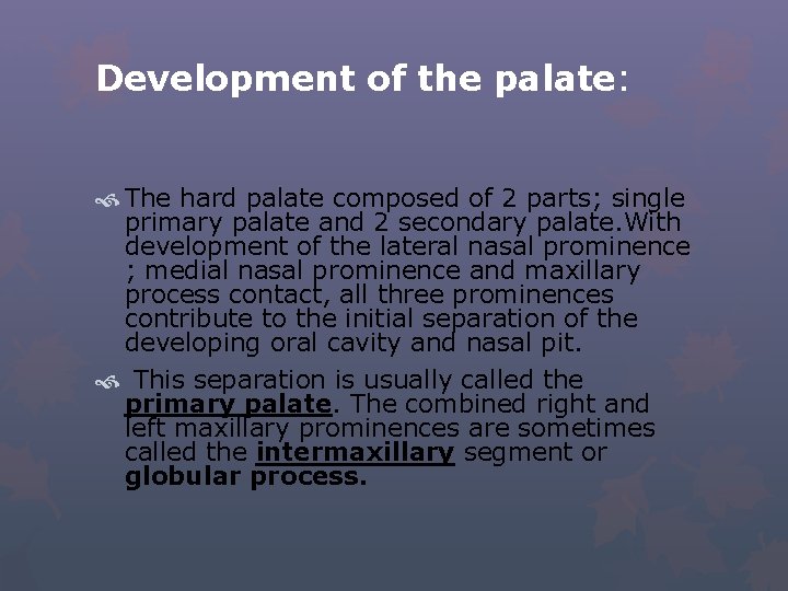 Development of the palate: The hard palate composed of 2 parts; single primary palate